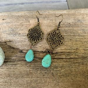 Boho floral earrings with turquoise teardrop bead